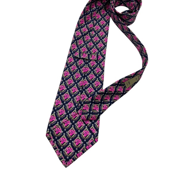 🆕LEONARD Navy/Pink Geometric Floral Silk LUXURY Tie ITALY - Picture 2 of 6